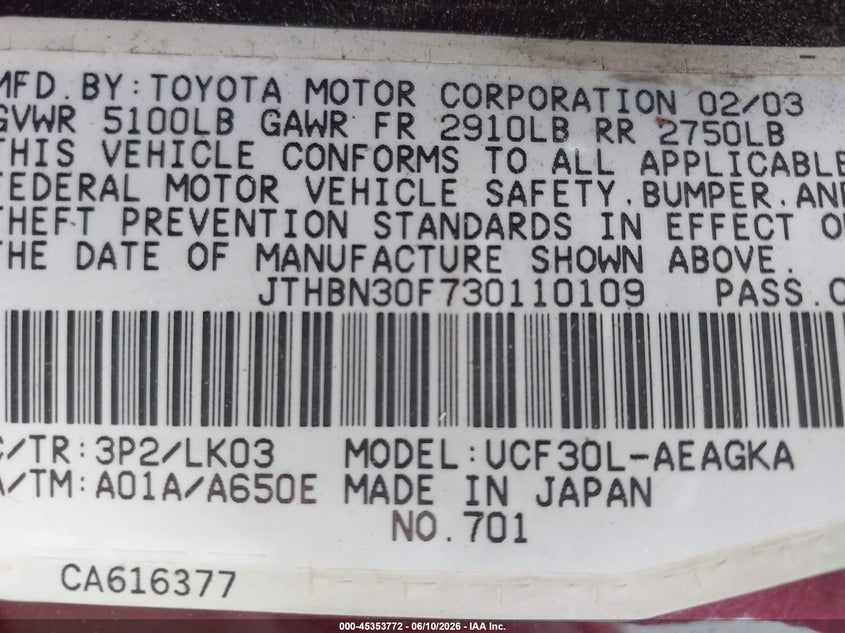 2003 Lexus Ls VIN JTHBN30F730110109 IAAI salvage auction — FRONT END, Clear (Virginia), sold $25 on 2026-07-30 (photo 9)