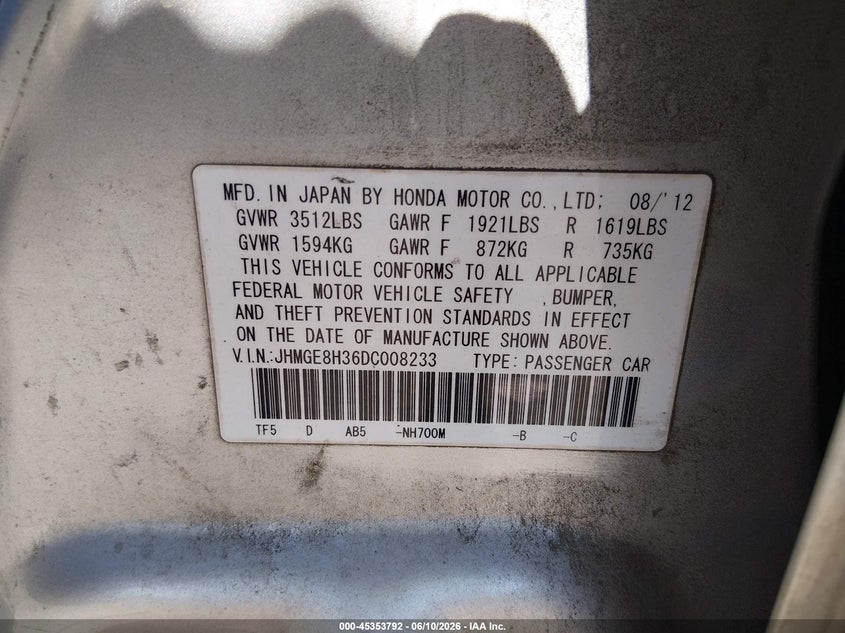 2013 Honda Fit VIN JHMGE8H36DC008233 IAAI salvage auction — FRONT END, Clear (Tennessee), sold $800 on 2026-07-15 (photo 9)