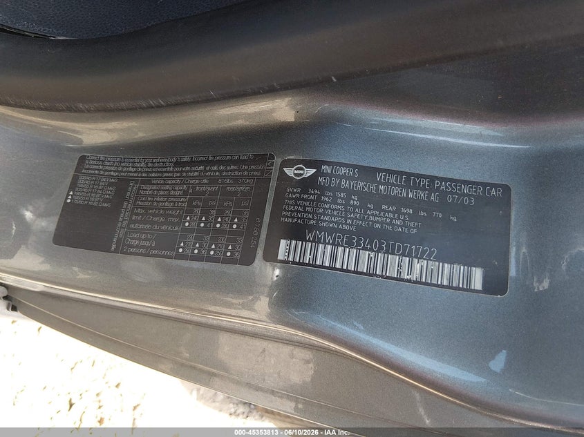 2003 Mini Cooper VIN WMWRE33403TD71722 IAAI salvage auction — RIGHT FRONT, Bill Of Sale (New York), sold $425 on 2026-07-14 (photo 9)
