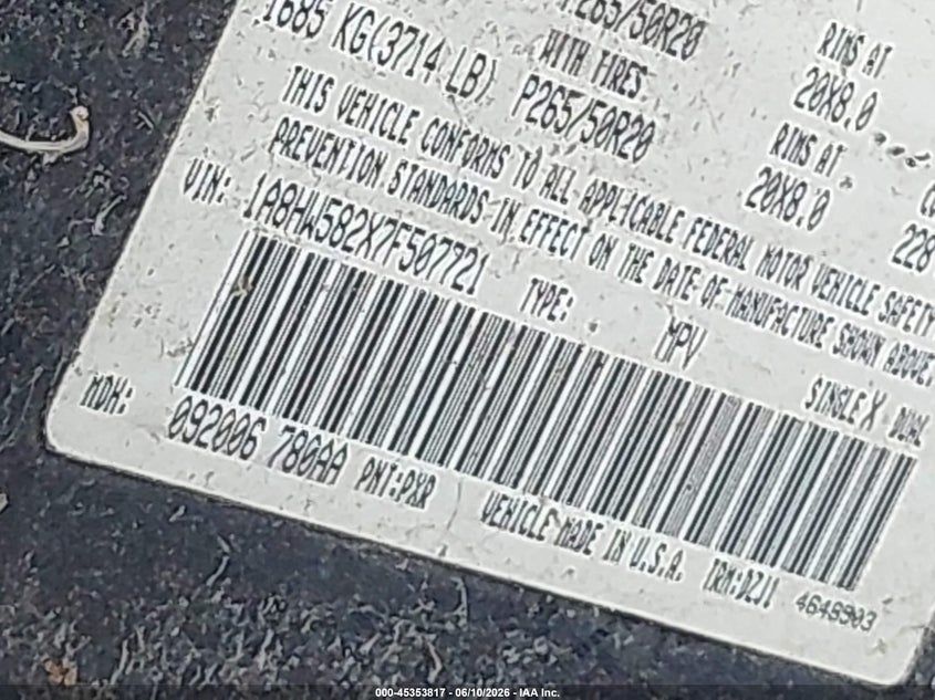 2007 Chrysler Aspen VIN 1A8HW582X7F507721 IAAI salvage auction — FRONT & REAR, Bill Of Sale (New York), sold $425 on 2026-07-14 (photo 9)
