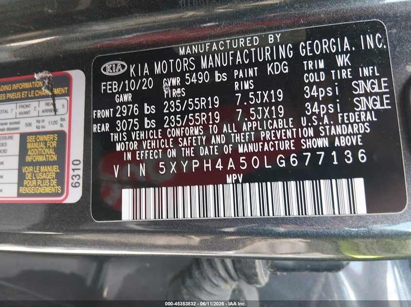 2020 Kia Sorento VIN 5XYPH4A50LG677136 IAAI salvage auction — LEFT FRONT, Salvage (North Carolina), sold $4,275 on 2026-07-15 (photo 9)