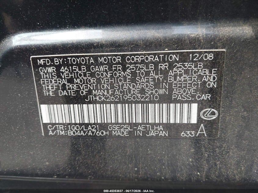 2009 Lexus Is VIN JTHCK262195032210 IAAI salvage auction — RIGHT FRONT, Salvage (Connecticut), sold $750 on 2026-07-09 (photo 9)