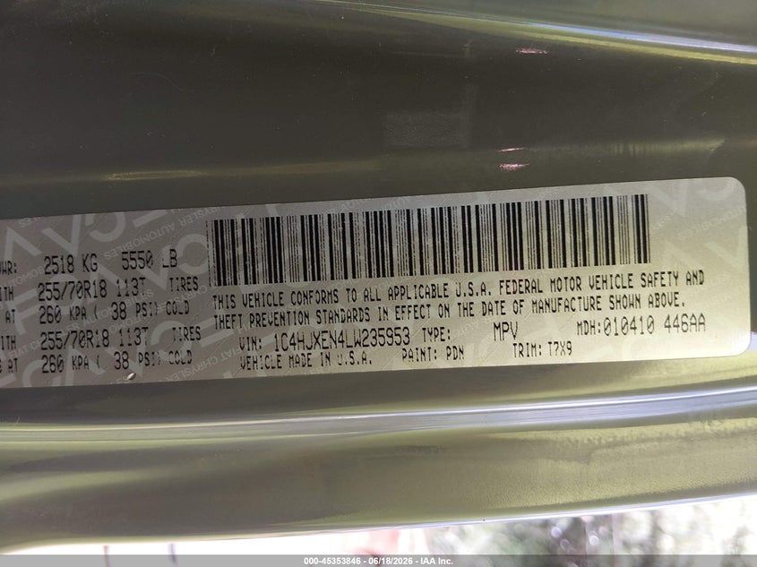 2020 Jeep Wrangler / VIN 1C4HJXEN4LW235953 IAAI salvage auction — LEFT FRONT, Salvage Title, sold $3,600 on 2026-07-31 (photo 9)