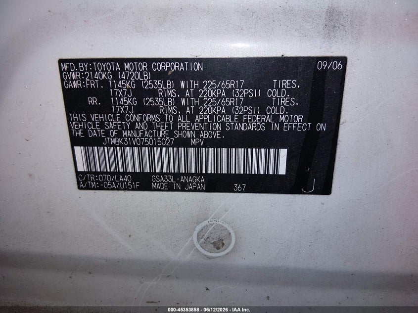 2007 Toyota Rav 4 VIN JTMBK31V075015027 IAAI salvage auction — RIGHT SIDE, Clear (Tennessee), sold $225 on 2026-07-28 (photo 9)