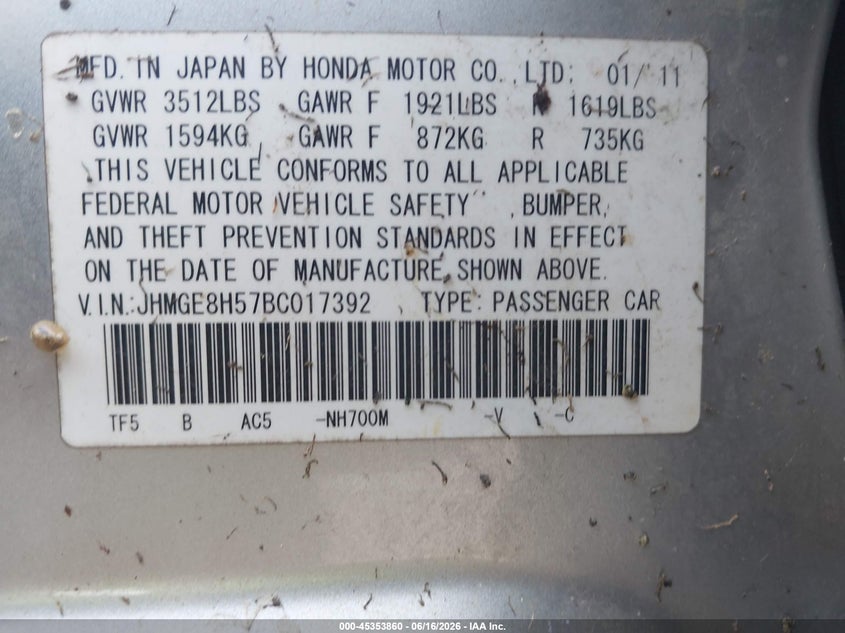 2011 Honda Fit VIN JHMGE8H57BC017392 IAAI salvage auction — NORMAL WEAR, Clear (New York), sold $425 on 2026-07-23 (photo 9)