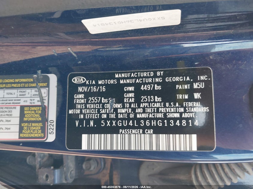 2017 Kia Optima VIN 5XXGU4L36HG134814 IAAI salvage auction — FRONT END, Salvage (Missouri), sold $1,250 on 2026-07-20 (photo 9)
