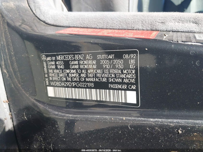1993 Mercedes-benz VIN WDBDA29D1PG022198 IAAI salvage auction — NORMAL WEAR, Salvage Title - Dealer (California), sold $750 on 2026-07-20 (photo 9)