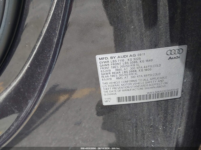 2012 Audi Q7 VIN WA1LMAFE3CD003248 IAAI salvage auction — FRONT END, Rebuildable (Florida), sold $375 on 2026-07-20 (photo 9)