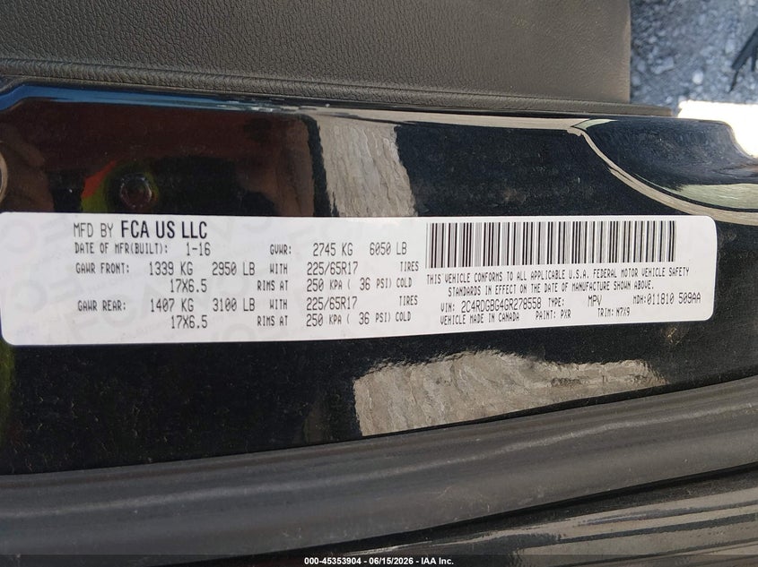 2016 Dodge Caravan VIN 2C4RDGBG4GR278558 IAAI salvage auction — FRONT END, Salvage (Kentucky), sold $400 on 2026-07-10 (photo 9)