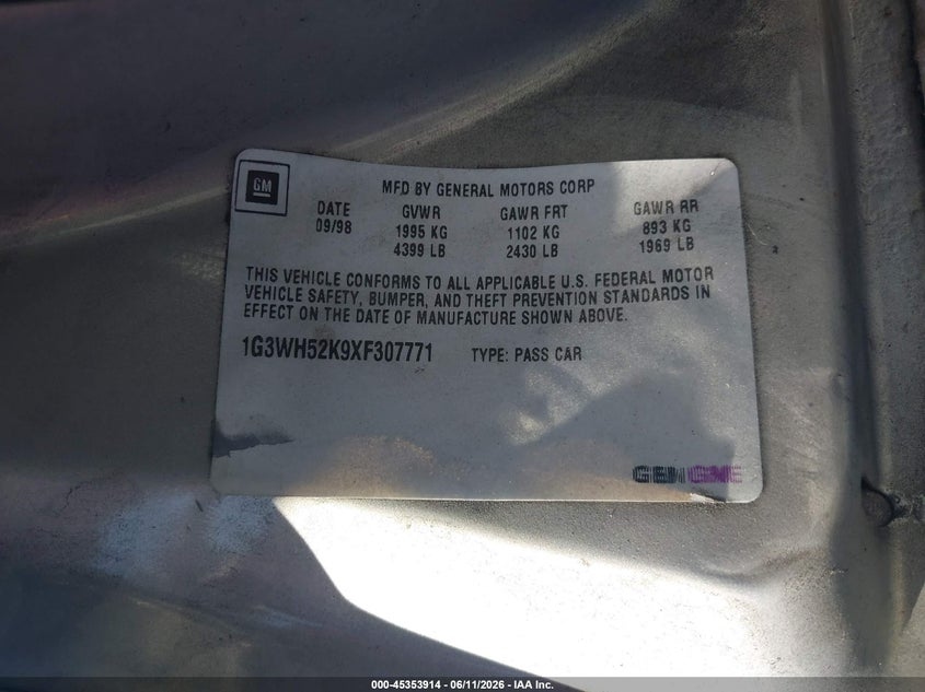1999 Oldsmobile Intrigue VIN 1G3WH52K9XF307771 IAAI salvage auction — MECHANICAL, Prior Salvage - Rebuilt (Minnesota), sold $200 on 2026-07-08 (photo 9)