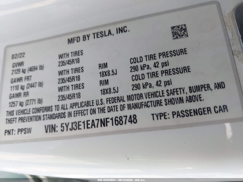 2022 Tesla Model 3 VIN 5YJ3E1EA7NF168748 IAAI salvage auction — RIGHT FRONT, Salvage (California), sold $6,400 on 2026-07-16 (photo 9)