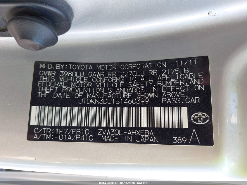 2011 Toyota Prius VIN JTDKN3DU1B1460399 IAAI salvage auction — REAR END, Certificate Of Title (Nebraska), sold $1,250 on 2026-07-29 (photo 9)