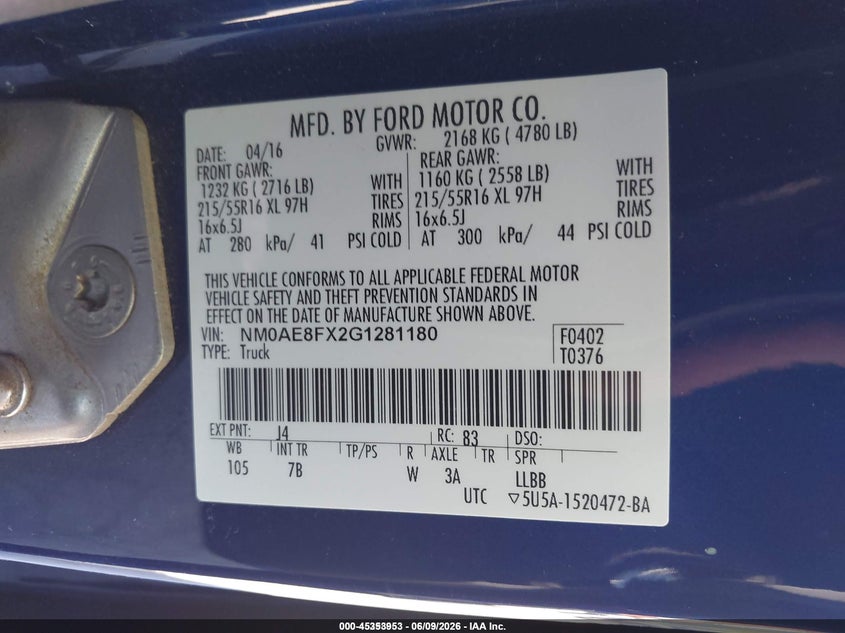 2016 Ford Transit connect VIN NM0AE8FX2G1281180 IAAI salvage auction — NORMAL WEAR, Sf97 (Kentucky), sold $12,950 on 2026-07-15 (photo 9)