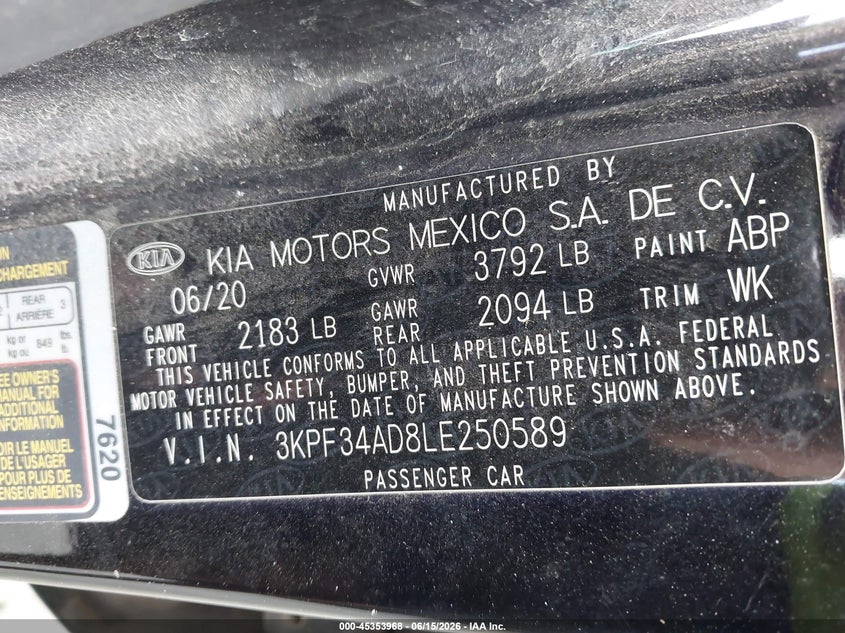 2020 Kia Forte VIN 3KPF34AD8LE250589 IAAI salvage auction — FRONT END, Certificate Of Destruction (Florida), sold $3,000 on 2026-07-09 (photo 9)