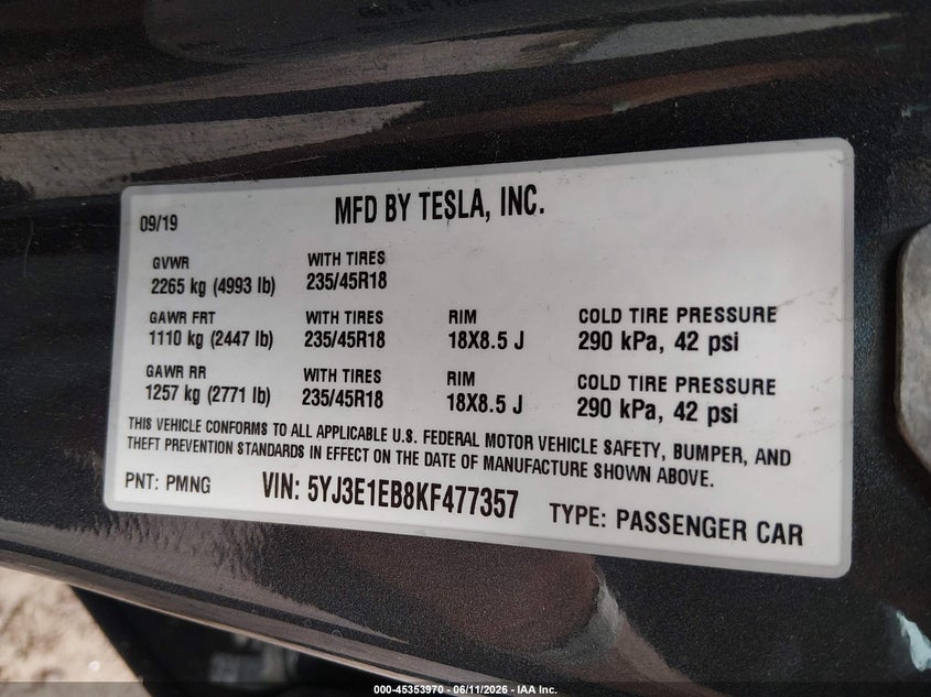 2019 Tesla Model 3 VIN 5YJ3E1EB8KF477357 IAAI salvage auction — HAIL, Clear (Wisconsin), sold $5,100 on 2026-07-16 (photo 9)