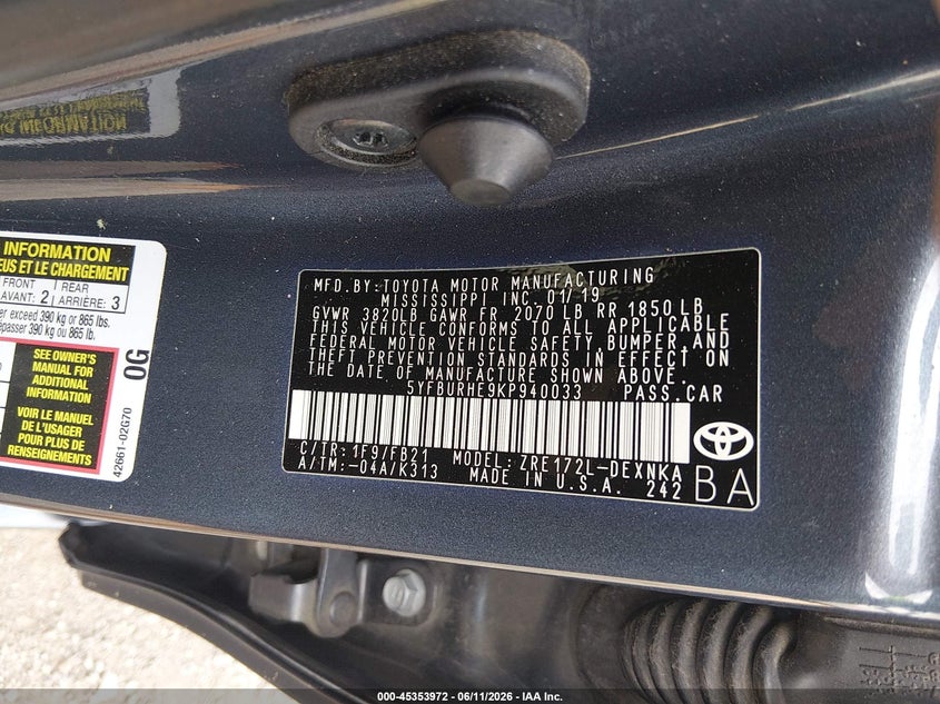 2019 Toyota Corolla VIN 5YFBURHE9KP940033 IAAI salvage auction — FRONT END, Salvage (Tennessee), sold $1,700 on 2026-07-22 (photo 9)