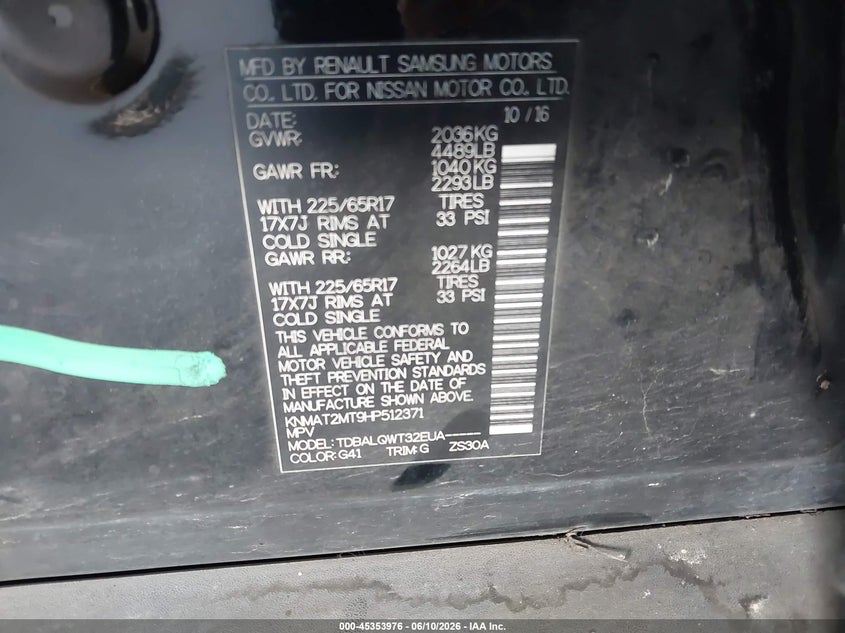 2017 Nissan Rogue VIN KNMAT2MT9HP512371 IAAI salvage auction — LEFT SIDE, Salvage Title, sold $25 on 2026-07-23 (photo 9)