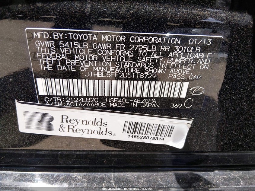 2013 Lexus Ls VIN JTHBL5EF2D5118729 IAAI salvage auction — FRONT END, Salvage (Texas), sold $1,800 on 2026-07-15 (photo 9)