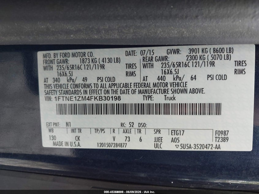 2015 Ford Transit 150 VIN 1FTNE1ZM4FKB30198 IAAI salvage auction — NORMAL WEAR, Sf97 (Kentucky), sold $23,500 on 2026-07-15 (photo 9)