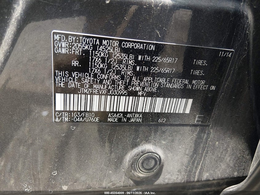 2015 Toyota VIN JTMZFREVXFJ030995 IAAI salvage auction — LEFT FRONT, Salvage Title, sold $3,900 on 2026-07-20 (photo 9)