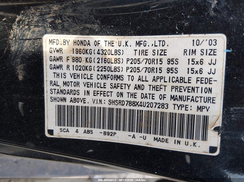 2004 Honda Cr-v VIN SHSRD788X4U207283 IAAI salvage auction — NORMAL WEAR, Clear (Georgia), sold $400 on 2026-07-23 (photo 9)
