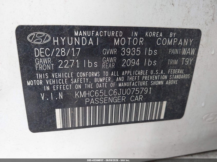 2018 Hyundai Ioniq hybrid VIN KMHC65LC6JU075791 IAAI salvage auction — NORMAL WEAR, Sf97 (Kentucky), sold $11,500 on 2026-07-15 (photo 9)