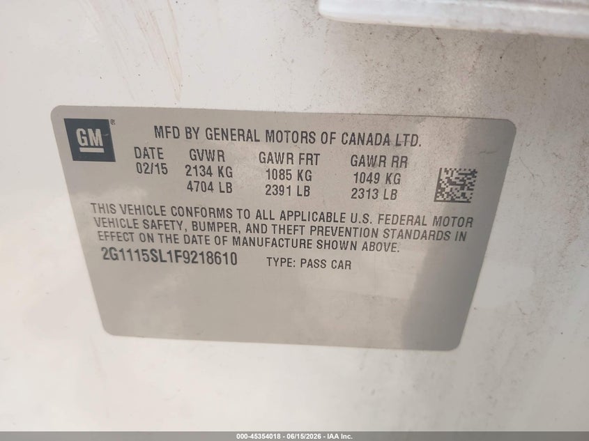 2015 Chevrolet Impala VIN 2G1115SL1F9218610 IAAI salvage auction — HAIL, Original (Texas), sold $1,550 on 2026-08-03 (photo 9)