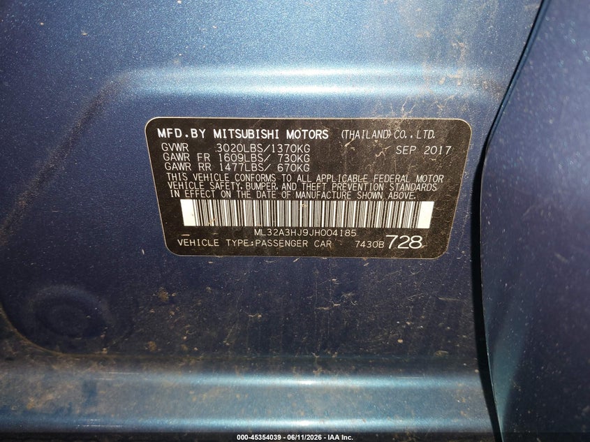 2018 Mitsubishi Mirage VIN ML32A3HJ9JH004185 IAAI salvage auction — RIGHT FRONT, Salvage Title, sold $725 on 2026-07-12 (photo 9)