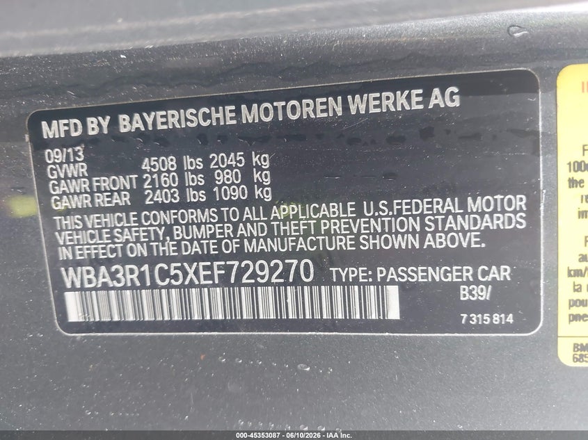 2014 BMW 4er VIN WBA3R1C5XEF729270 IAAI salvage auction — NORMAL WEAR, Clear-Dealer Only (Maryland), sold $1,450 on 2026-07-09 (photo 9)