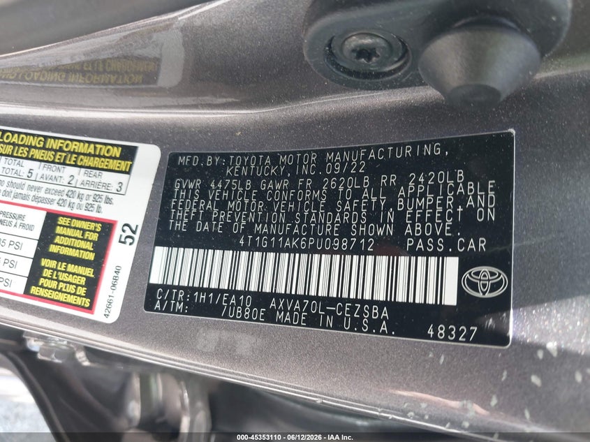 2023 Toyota Camry VIN 4T1G11AK6PU098712 IAAI salvage auction — RIGHT SIDE, Rebuildable (Florida), sold $9,000 on 2026-07-28 (photo 9)