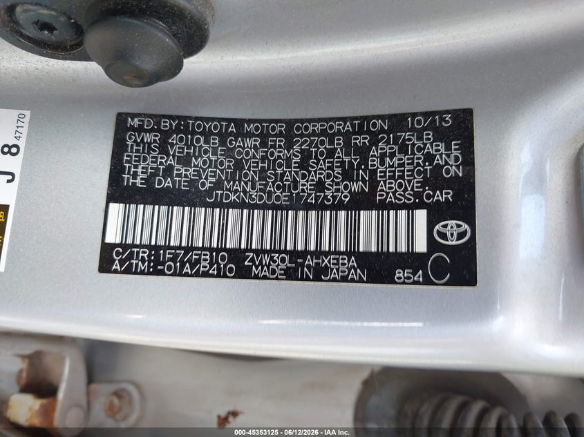 2014 Toyota Prius VIN JTDKN3DU0E1747379 IAAI salvage auction — LEFT REAR, Mv-907A (New York), sold $1,250 on 2026-07-09 (photo 9)