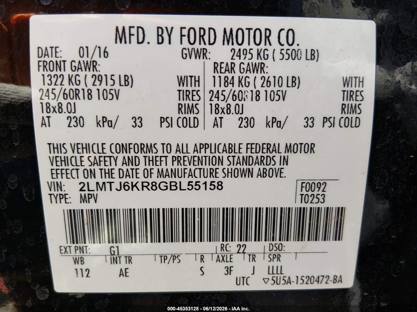 2016 Lincoln Mkx VIN 2LMTJ6KR8GBL55158 IAAI salvage auction — THEFT, Salvage (Kansas), sold $1,600 on 2026-07-12 (photo 9)