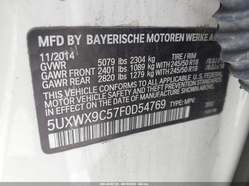2015 BMW X3 VIN 5UXWX9C57F0D54769 IAAI salvage auction — FRONT END, Salvage Title, sold $700 on 2026-07-29 (photo 9)