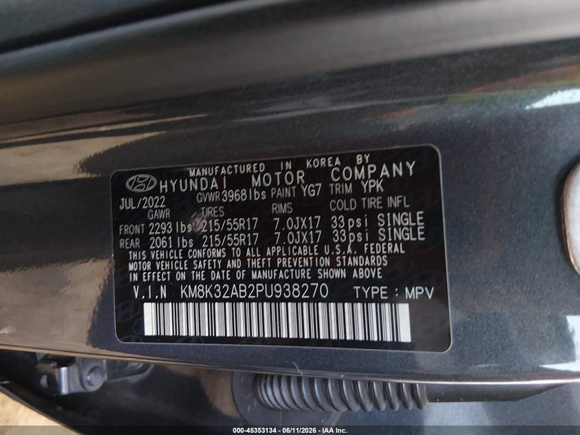 2023 Hyundai Kona VIN KM8K32AB2PU938270 IAAI salvage auction — LEFT SIDE, Salvage (Arizona), sold $5,350 on 2026-07-21 (photo 9)