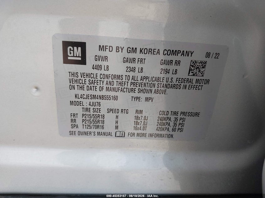 2022 Buick Encore VIN KL4CJESM4NB555160 IAAI salvage auction — REAR END, Salvage Title, sold $3,100 on 2026-07-18 (photo 9)