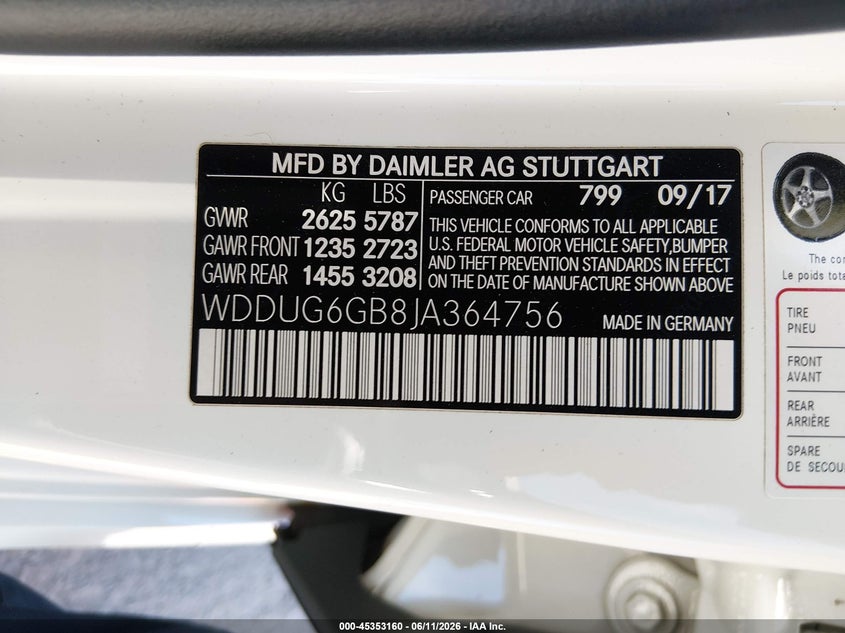 2018 Mercedes-benz VIN WDDUG6GB8JA364756 IAAI salvage auction — FRONT END, Salvage Title, sold $13,600 on 2026-07-16 (photo 9)