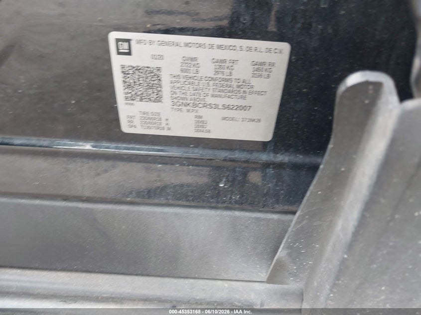 2020 Chevrolet Blazer VIN 3GNKBCRS3LS622007 IAAI salvage auction — FRONT END, Salvage Title, sold $1,750 on 2026-07-25 (photo 9)