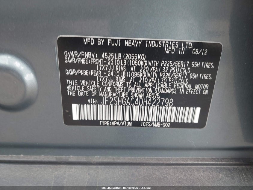 2013 Subaru Forester VIN JF2SHGAC4DH422798 IAAI salvage auction — NORMAL WEAR, Clear (Kansas), sold $700 on 2026-07-22 (photo 9)