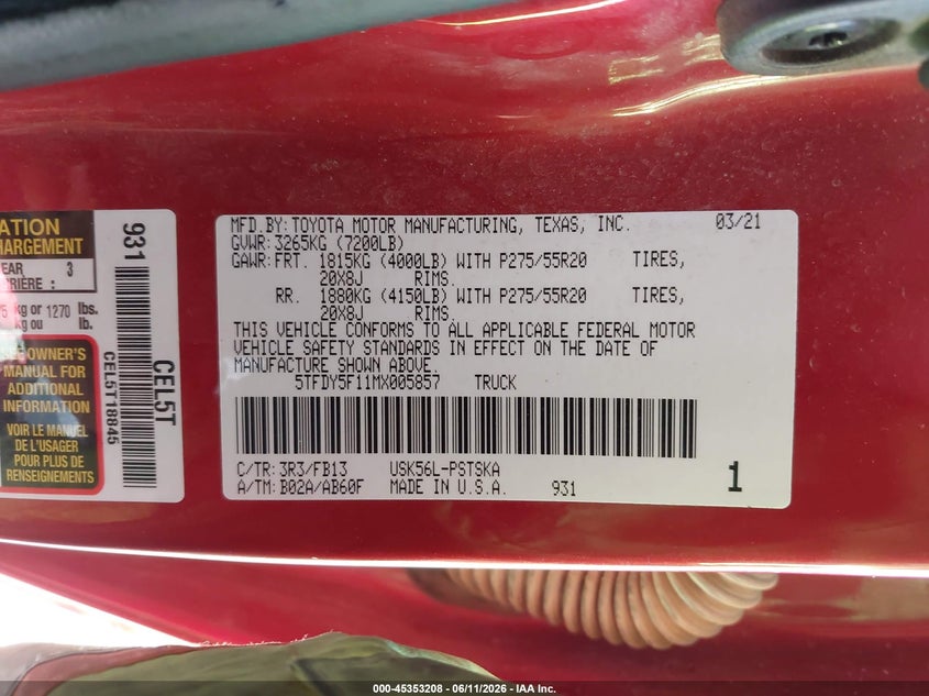 2021 Toyota Tundra VIN 5TFDY5F11MX005857 IAAI salvage auction — UNKNOWN, Salvage (Montana), sold $16,550 on 2026-07-29 (photo 9)