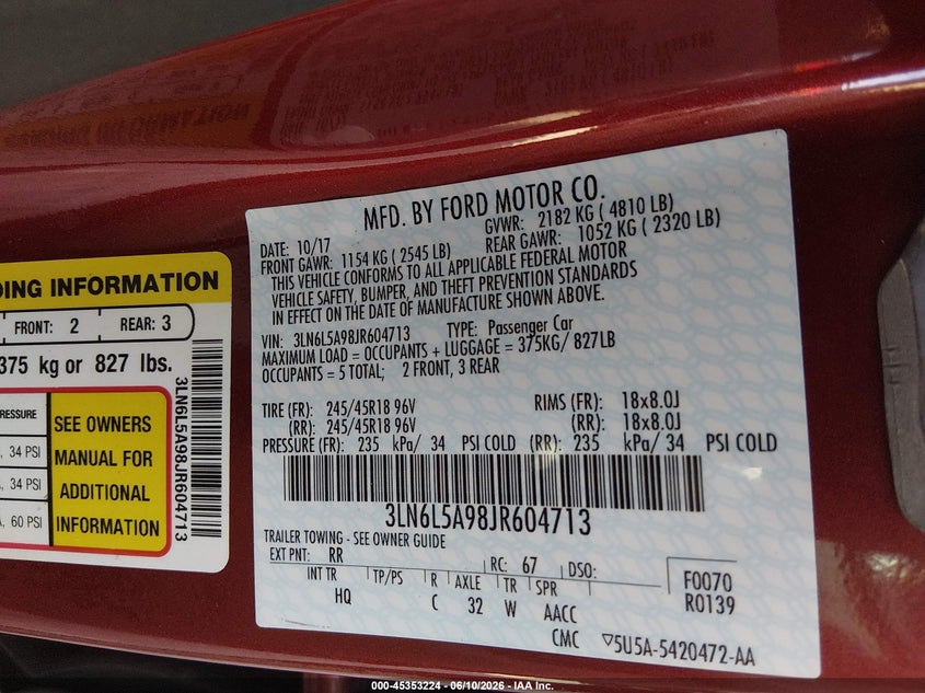 2018 Lincoln Mkz VIN 3LN6L5A98JR604713 IAAI salvage auction — REAR END, Original (Texas), sold $2,750 on 2026-07-28 (photo 9)