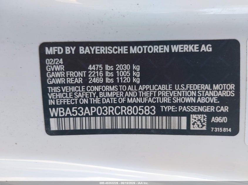 2024 BMW 4er VIN WBA53AP03RCR80583 IAAI salvage auction — FRONT END, Clear (Florida), sold $7,125 on 2026-07-16 (photo 9)