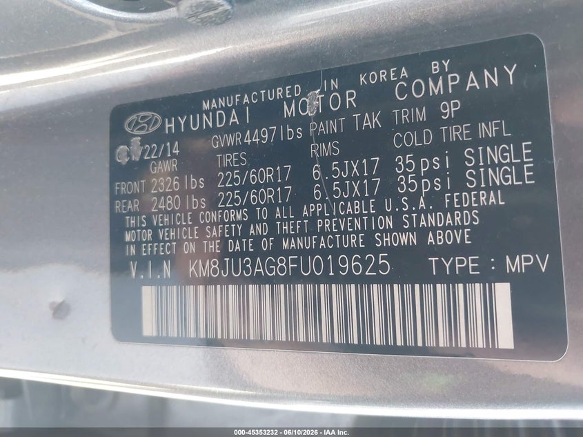 2015 Hyundai Tucson VIN KM8JU3AG8FU019625 IAAI salvage auction — NORMAL WEAR, Salvage Title, sold $825 on 2026-07-30 (photo 9)