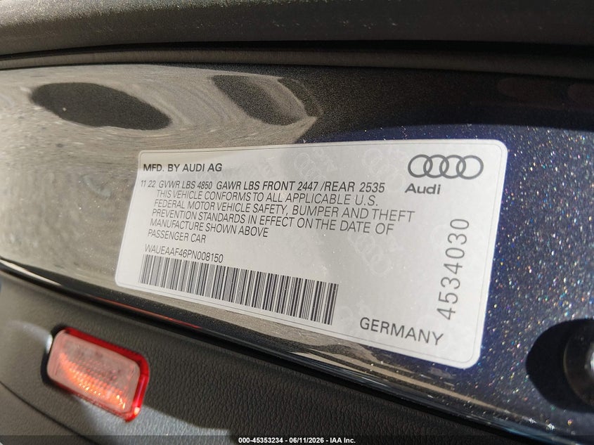 2023 Audi A4 VIN WAUEAAF46PN008150 IAAI salvage auction — REAR END, Salvage Title, sold $13,200 on 2026-10-01 (photo 9)