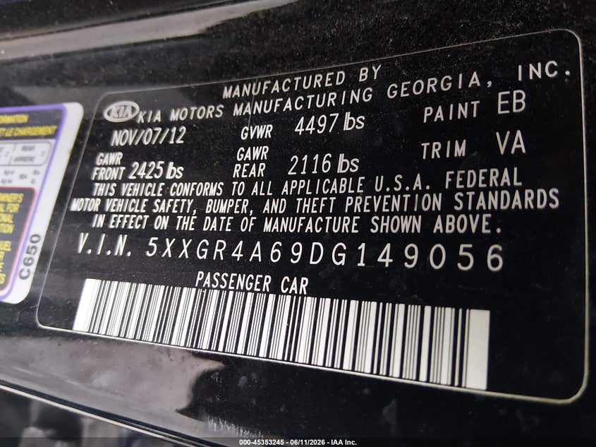 2013 Kia Optima VIN 5XXGR4A69DG149056 IAAI salvage auction — FRONT END, Salvage (Virginia), sold $150 on 2026-07-29 (photo 9)