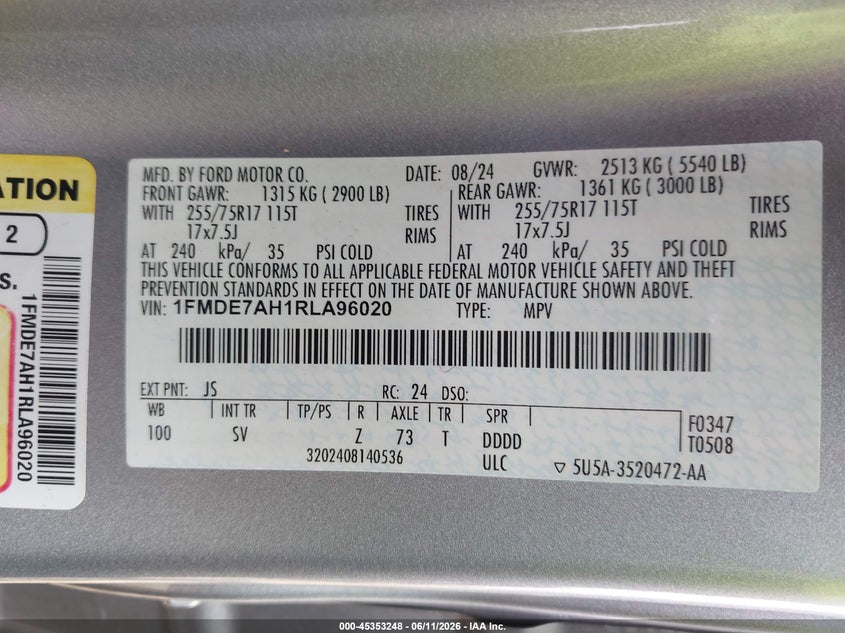 2024 Ford Bronco VIN 1FMDE7AH1RLA96020 IAAI salvage auction — FRONT END, Original (Texas), sold $17,350 on 2026-07-30 (photo 9)