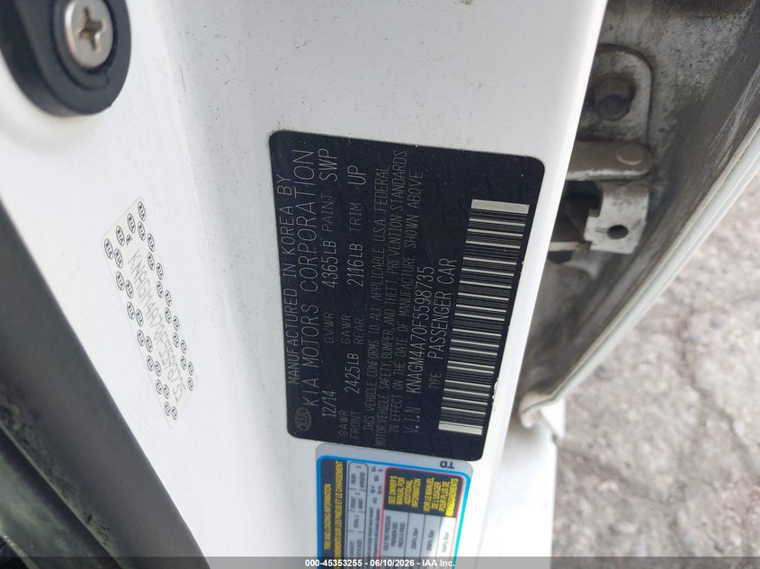 2015 Kia Optima VIN KNAGM4A70F5598735 IAAI salvage auction — NORMAL WEAR, Clear (Pennsylvania), sold $400 on 2026-07-10 (photo 9)