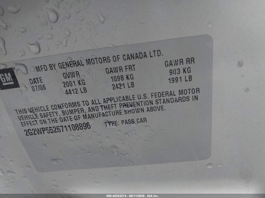 2007 Pontiac Grand prix VIN 2G2WP552671108896 IAAI salvage auction — RIGHT SIDE, Salvage (Iowa), sold $25 on 2026-07-28 (photo 9)