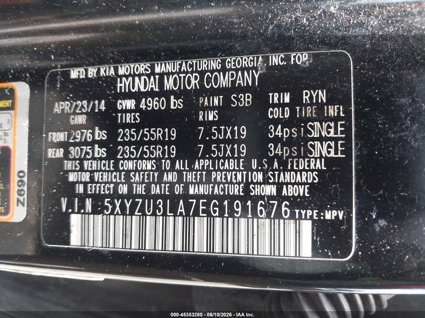2014 Hyundai Santa fe VIN 5XYZU3LA7EG191676 IAAI salvage auction — REAR END, Rebuildable (Florida), sold $1,175 on 2026-07-27 (photo 9)