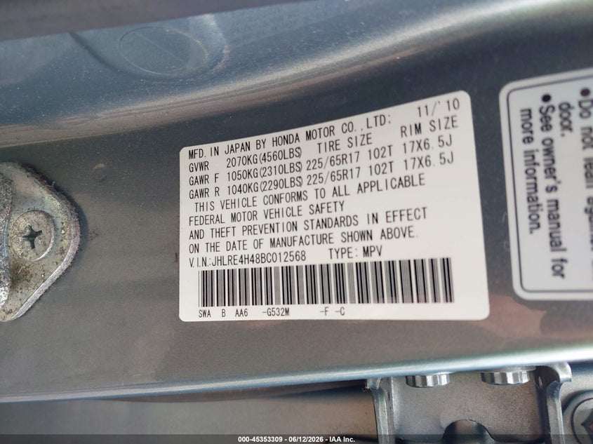 2011 Honda Cr-v VIN JHLRE4H48BC012568 IAAI salvage auction — FRONT END, Mv-907A (New York), sold $225 on 2026-07-22 (photo 9)