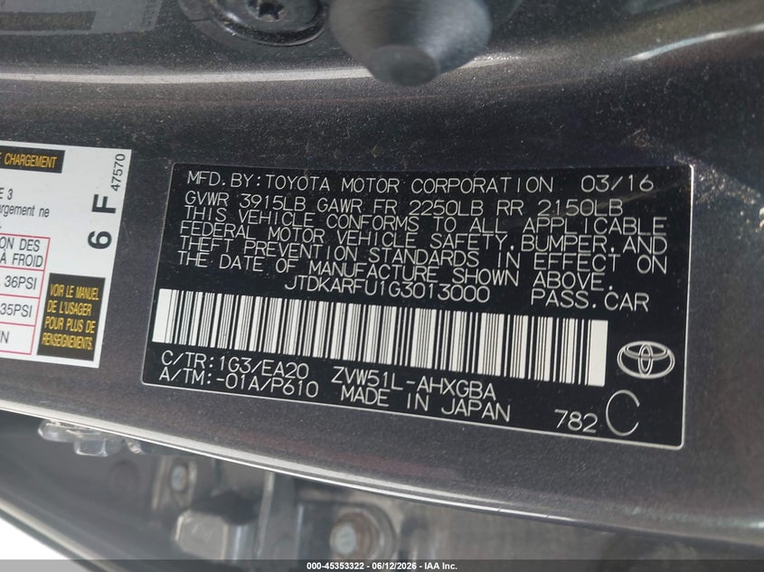 2016 Toyota Prius VIN JTDKARFU1G3013000 IAAI salvage auction — BIO HAZARD, Salvage (Virginia), sold $850 on 2026-07-14 (photo 9)